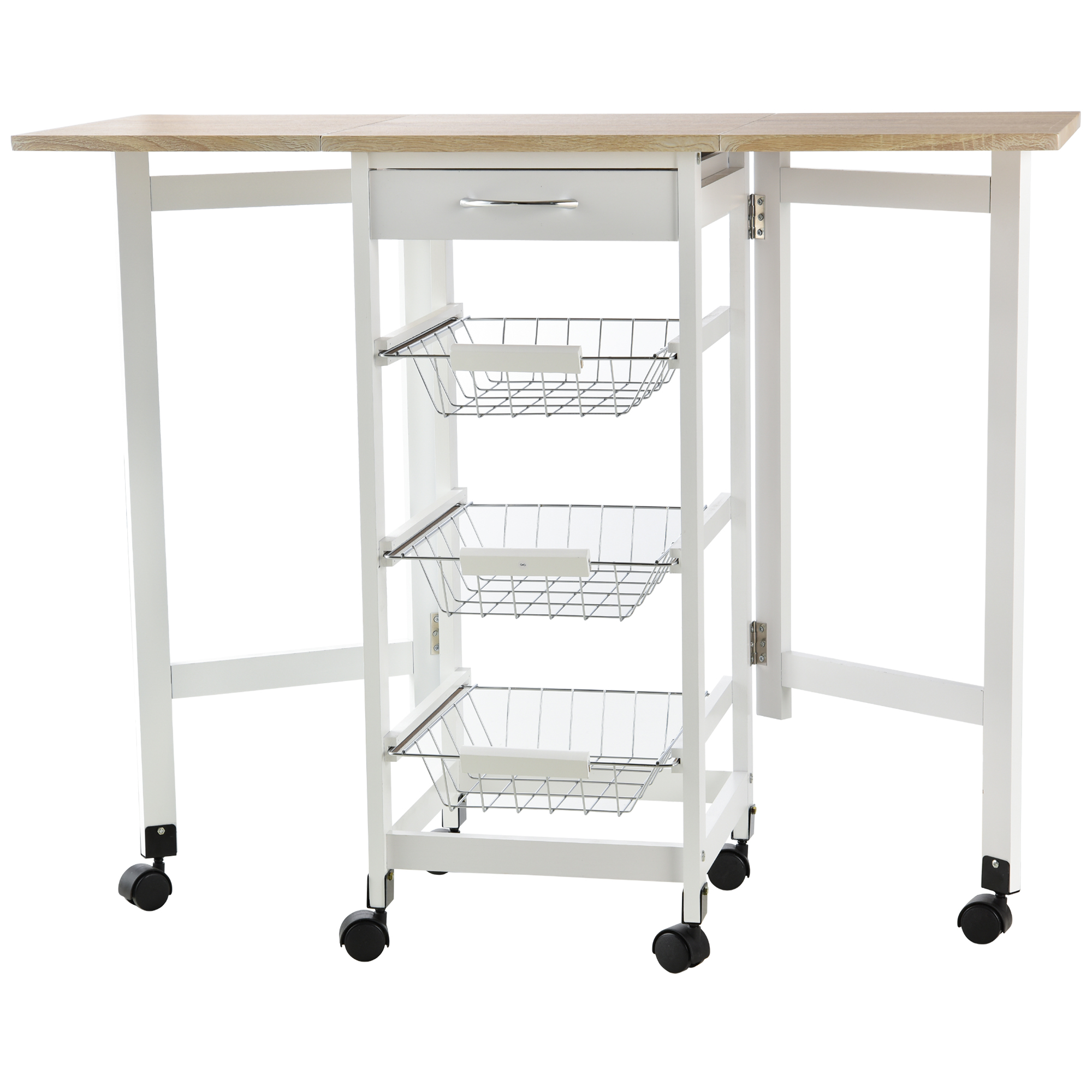 Carrito Cocina Porvoo Plegable 6 Ruedas Blanco y Roble