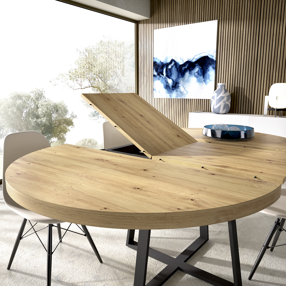 Muebles nórdicos en Logroño: Mesa comedor extensible 110 redonda patas metalicas roble claro