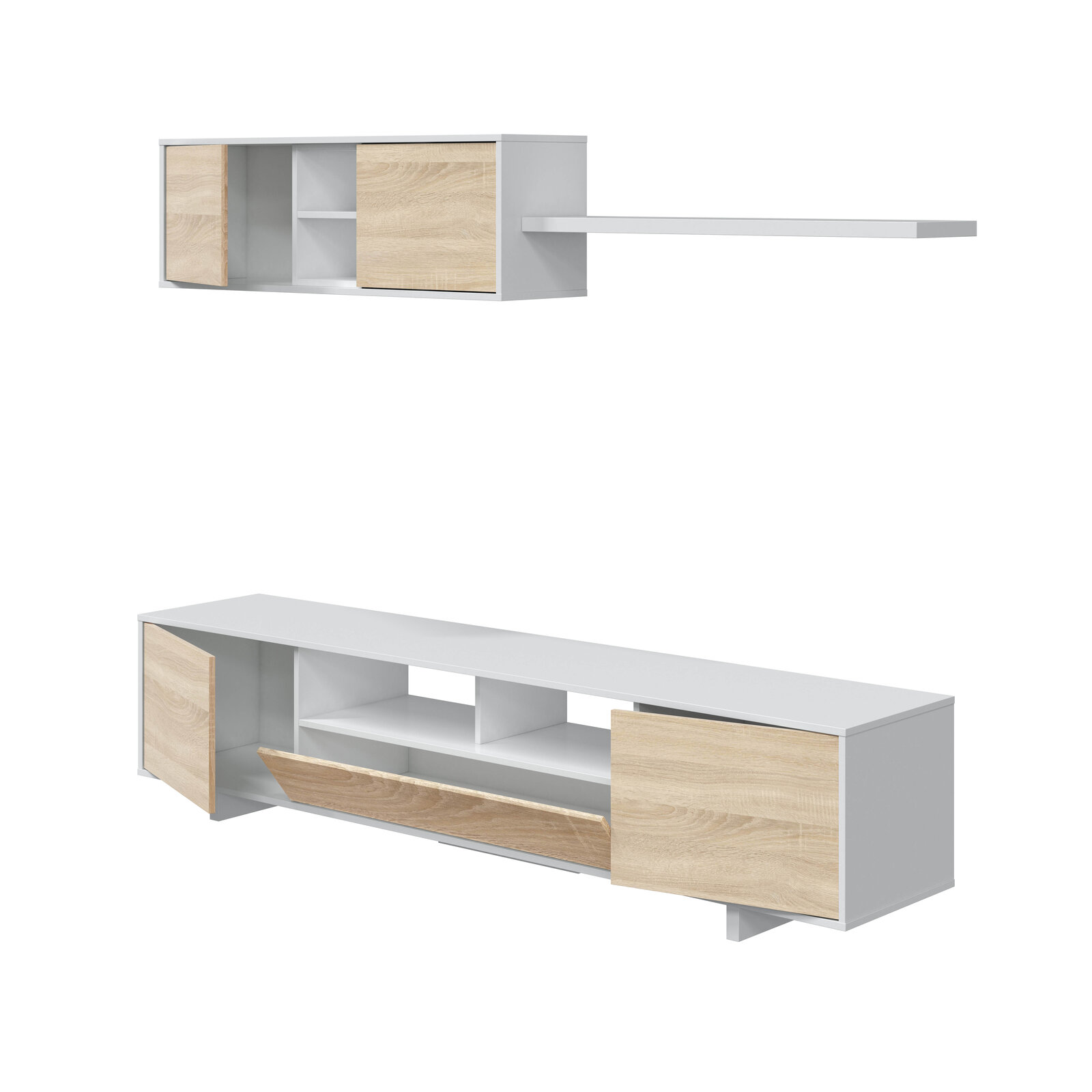 Muebles nórdicos en Sabadell: Mueble TV Jorid blanco brillo y roble nórdico 200 cm