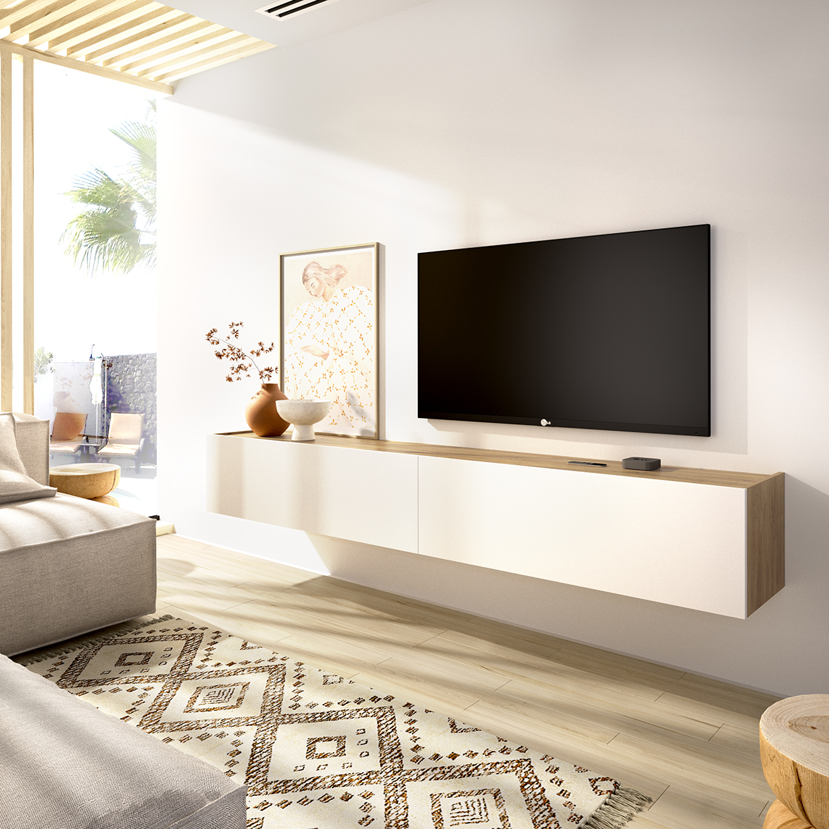 Mueble tv mural 180 cm 180x29 roble claro y blanco con envío a Talavera de la Reina