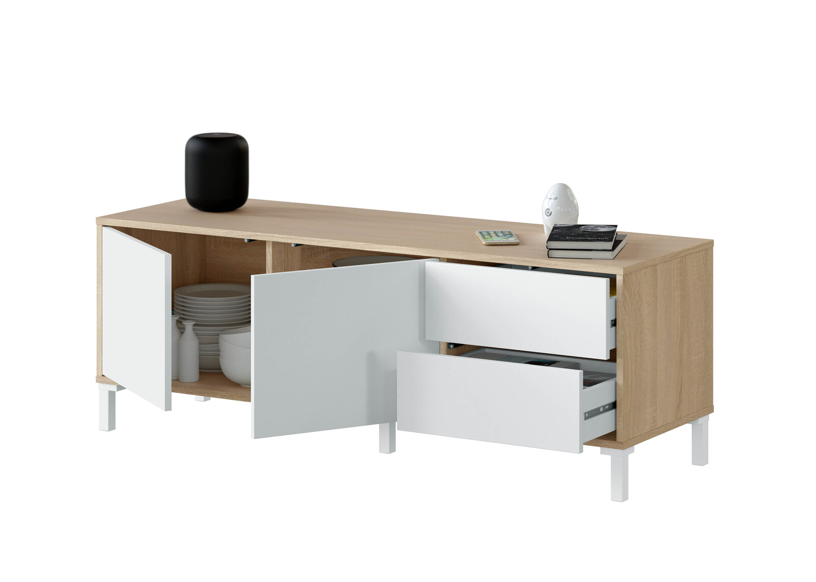 Muebles nórdicos en Elche: Mueble TV Tor blanco nórdico y Roble Nórdico 130 cm