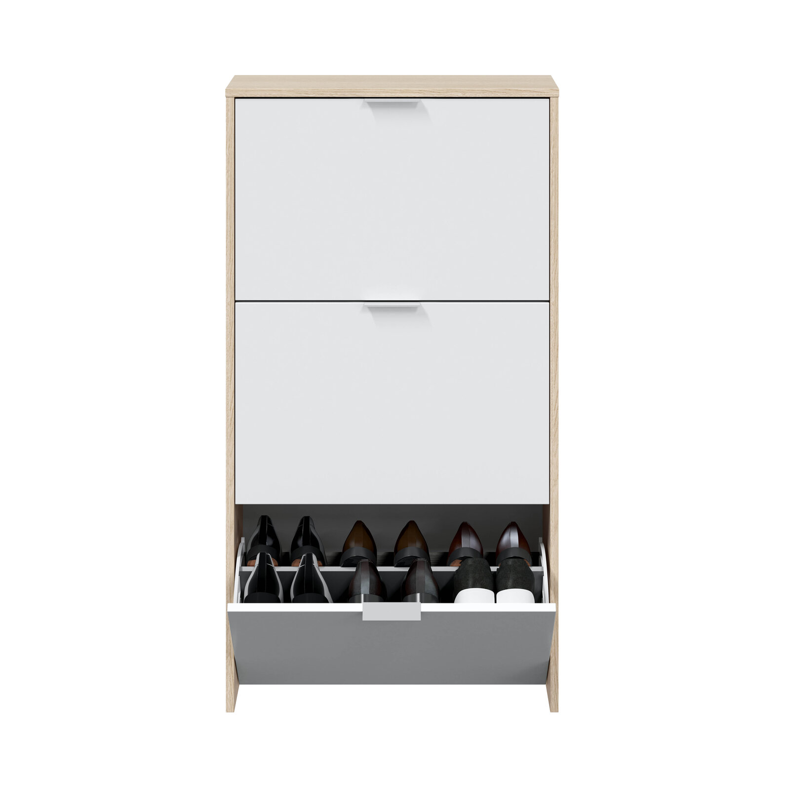 Zapatero Olaf 3 puertas 18 pares roble y blanco brillo 60 cm con envío a Ávila