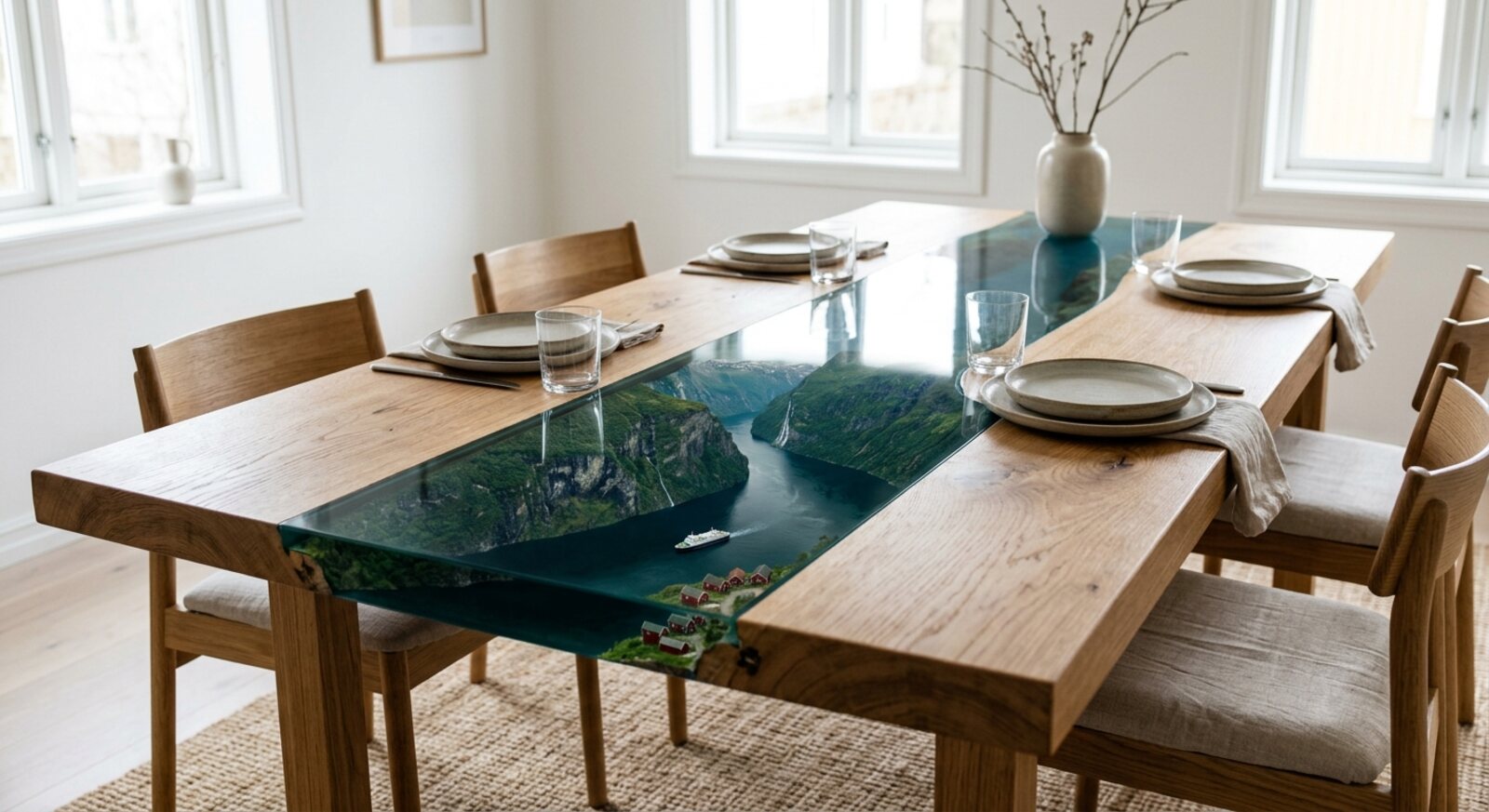 Mesa de resina epoxi con fiordo noruego - Taller Nordiklum